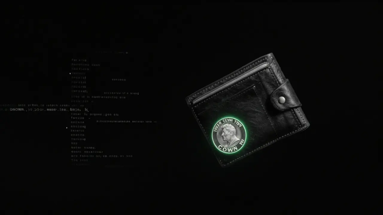 A lone CROWN token floating in deep space, glowing faintly as ancient blockchain transactions fade into static.