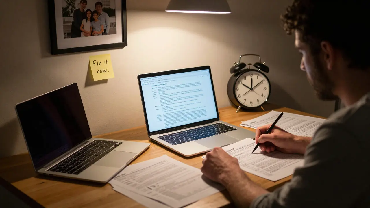 A person filling out tax forms late at night, surrounded by crypto records and a family photo.