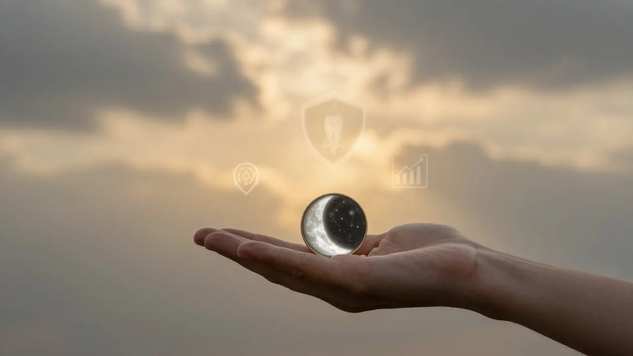 A person holding a MOONED token at the edge of a digital horizon with rising project icons.