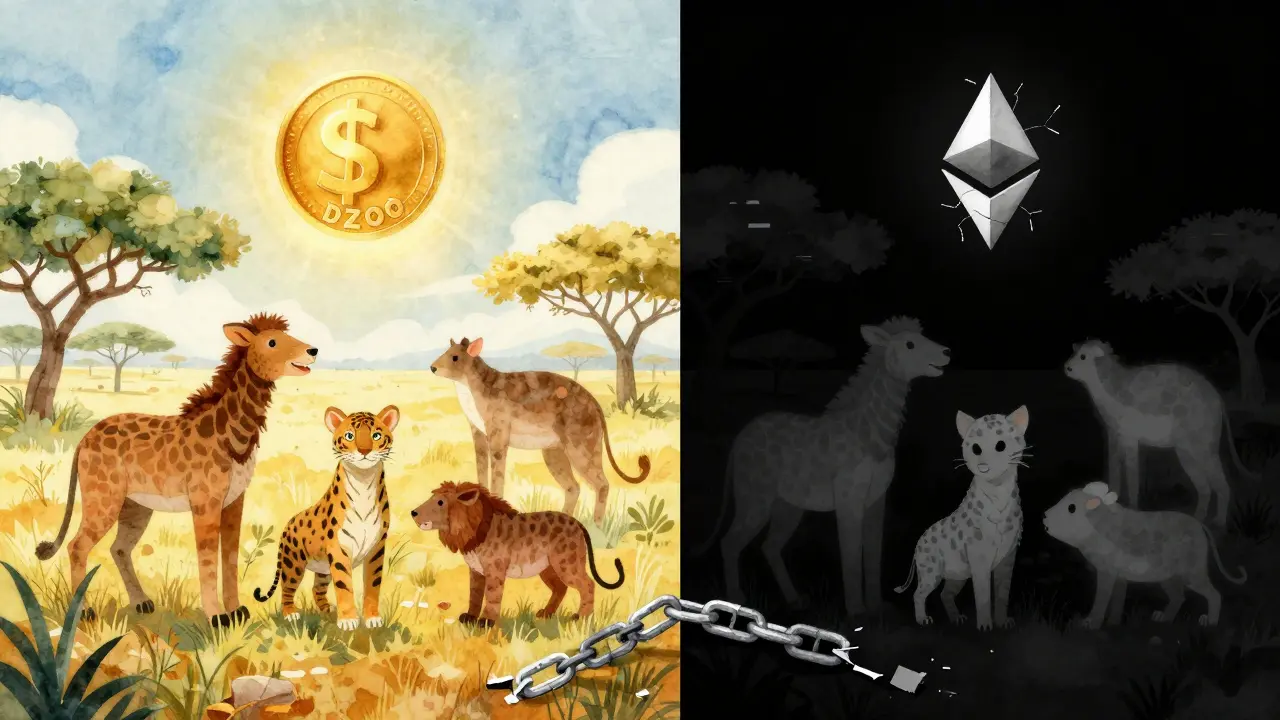 A split image: vibrant endangered animals under a golden sky contrast with ghostly pixelated versions in darkness, a broken chain link on the ground.