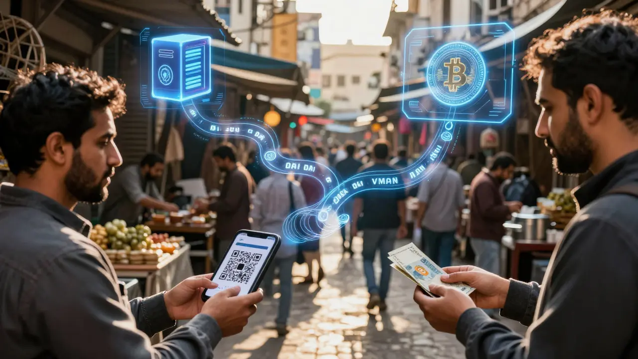 A street market in Tehran where digital payments use government-controlled Rial Currency, while invisible crypto transactions swirl around in the air.