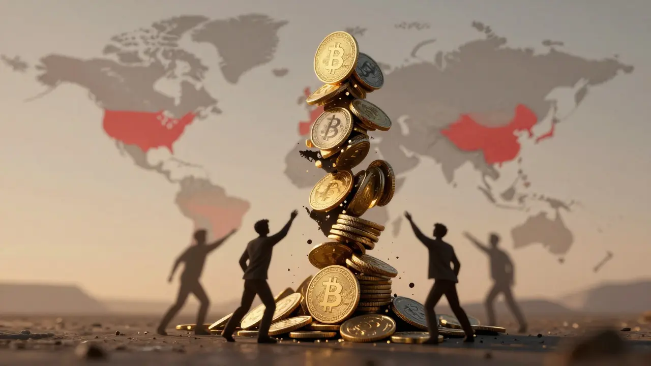 A tower of crypto coins collapsing with users watching as BDK tokens fall beneath