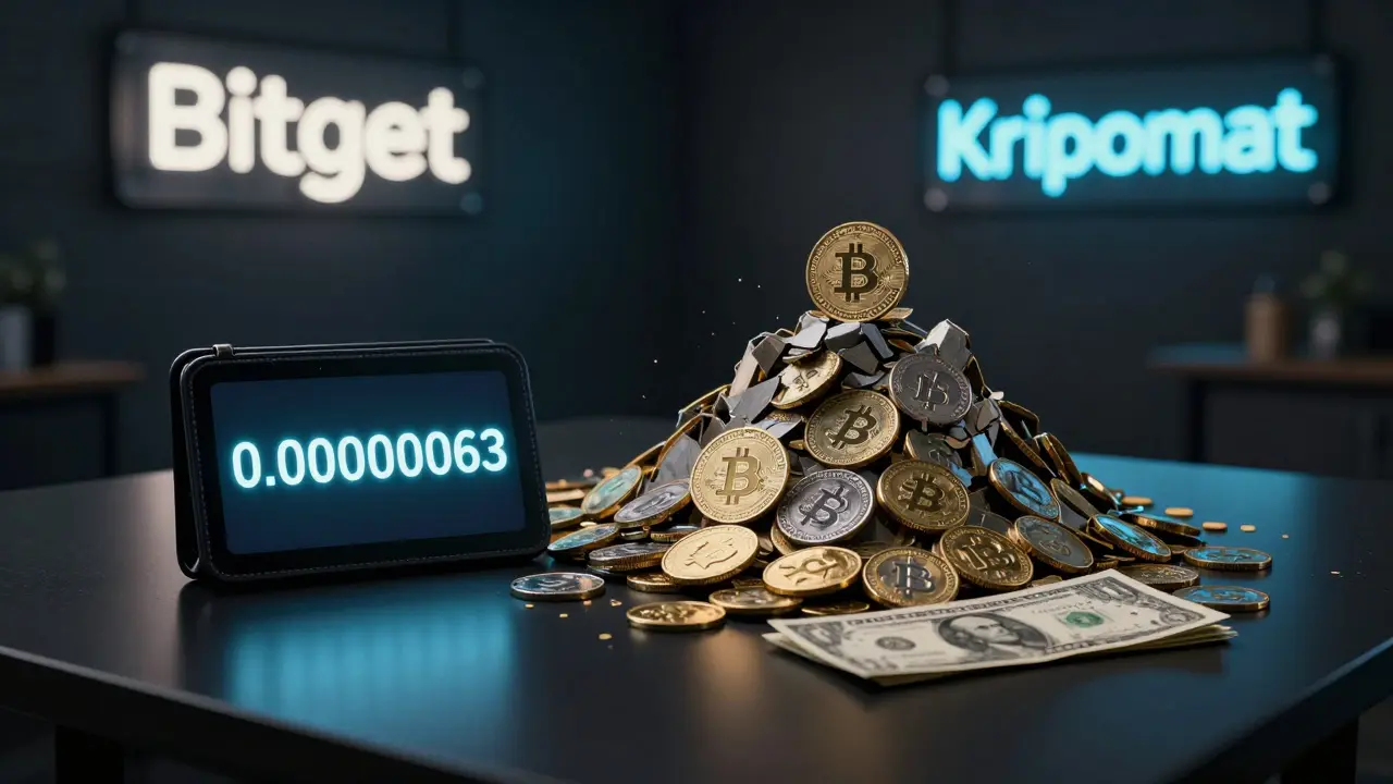 A towering mountain of tiny digital BONE tokens dwarfs a single dollar bill, with faint exchange logos glowing in the dark.