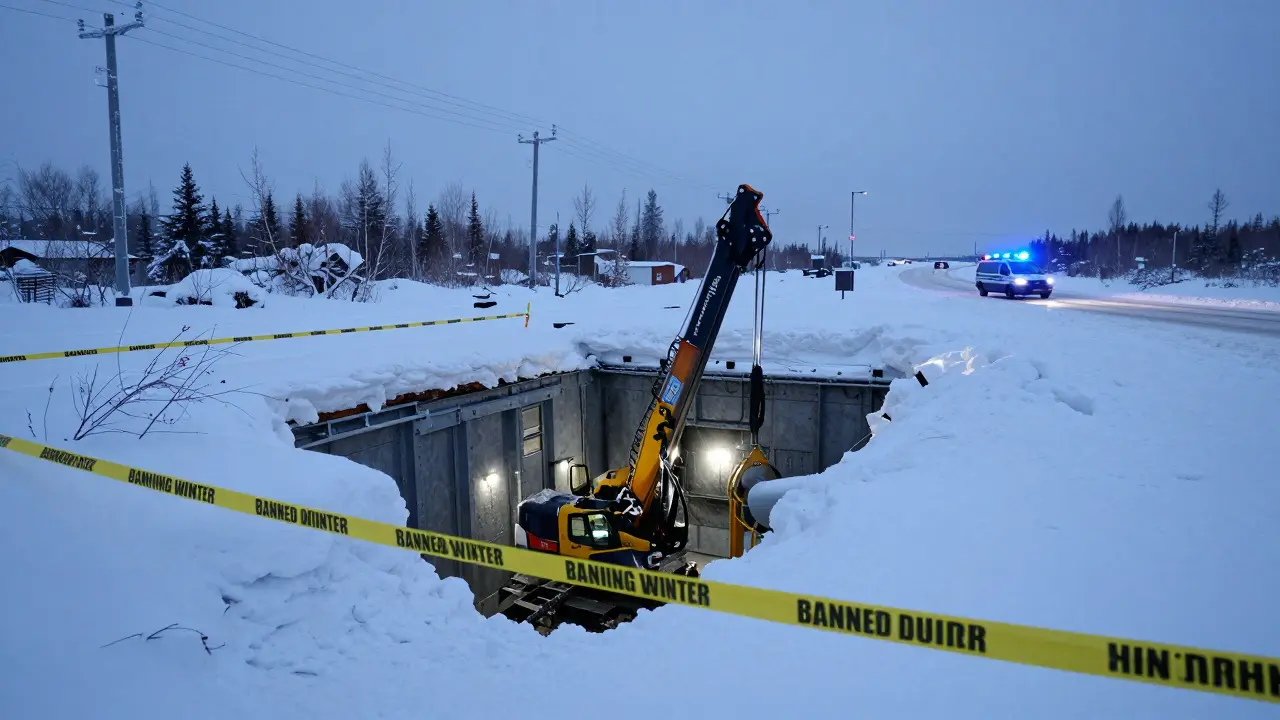 An abandoned crypto mining rig covered in snow with official ban tape, under a frozen Siberian sky.
