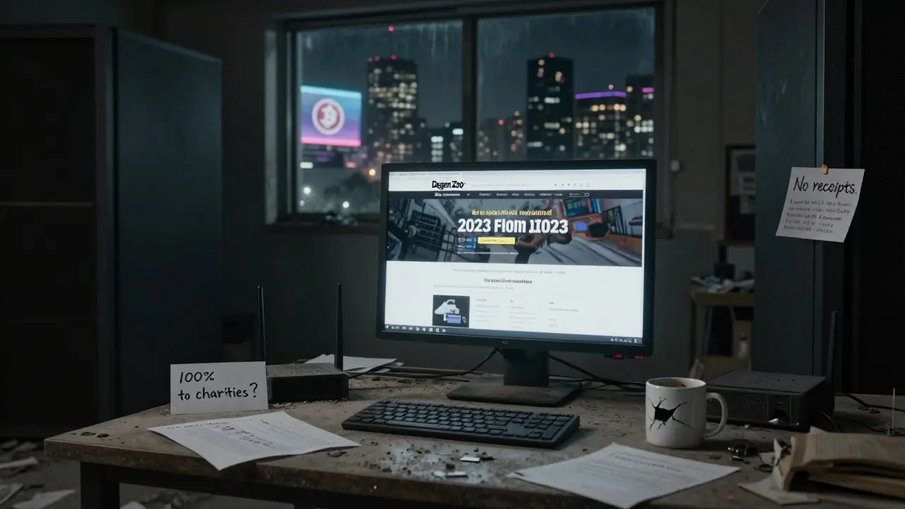 An abandoned server room with a flickering monitor showing the inactive Degen Zoo website, surrounded by discarded notes and dead equipment.