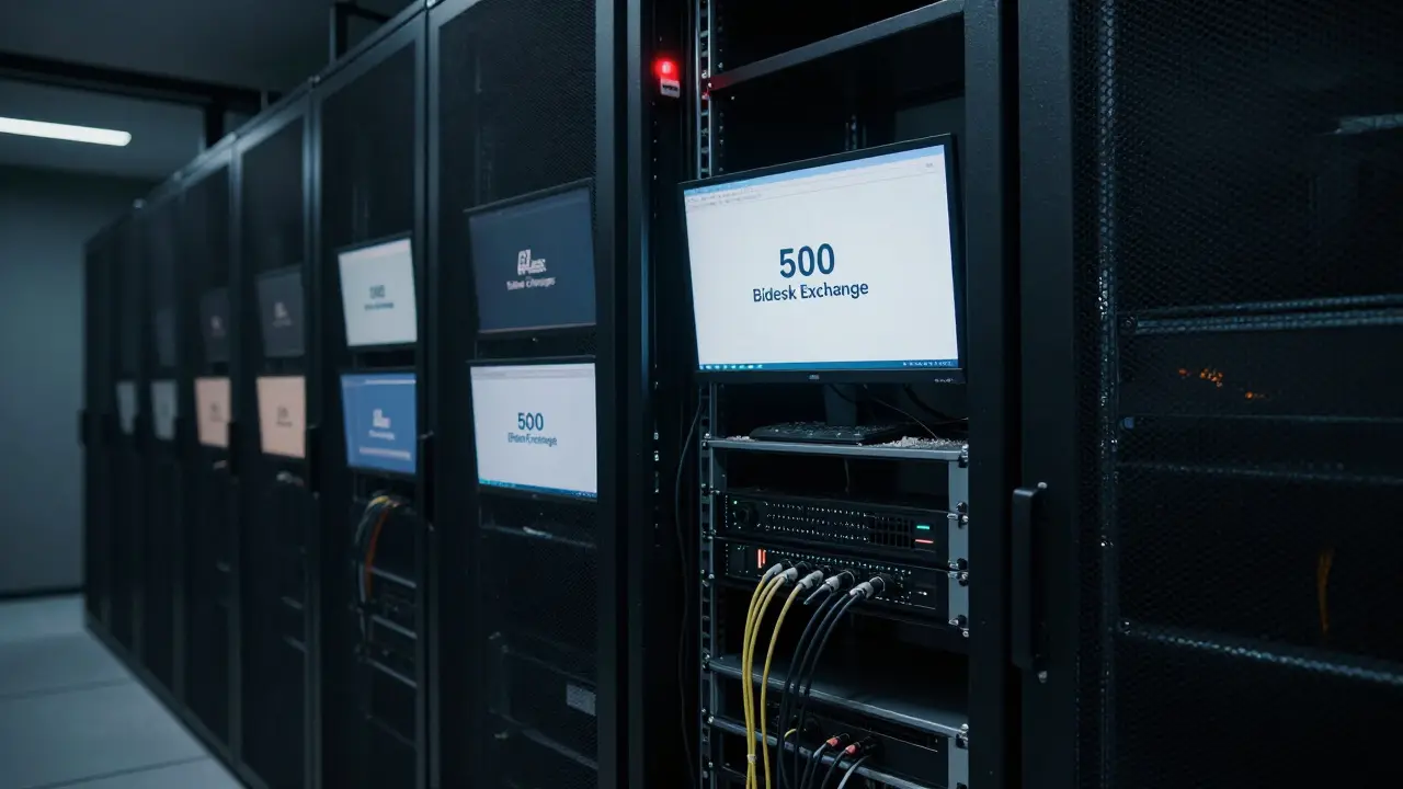 An abandoned server room with flickering screens showing Bidesk Exchange error messages