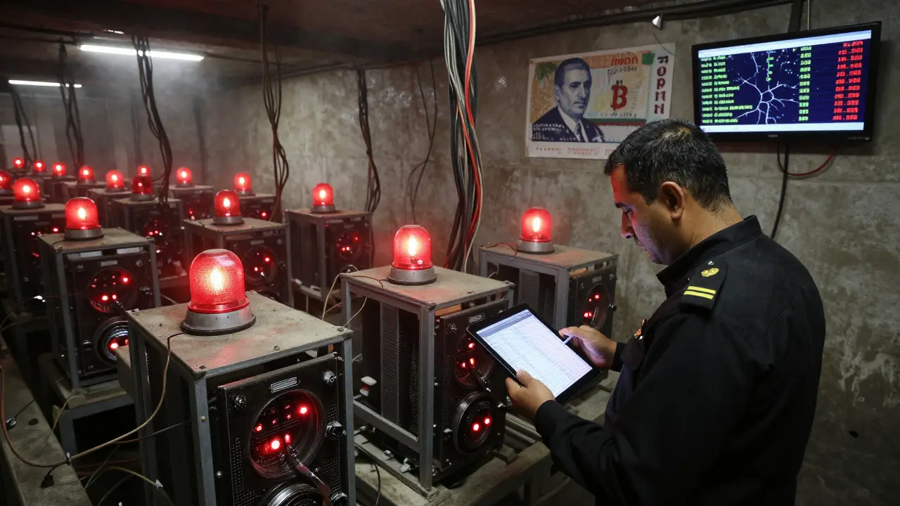 An underground Bitcoin mining operation in Iran, with rigs running under red lights and a government inspector reviewing transaction data.
