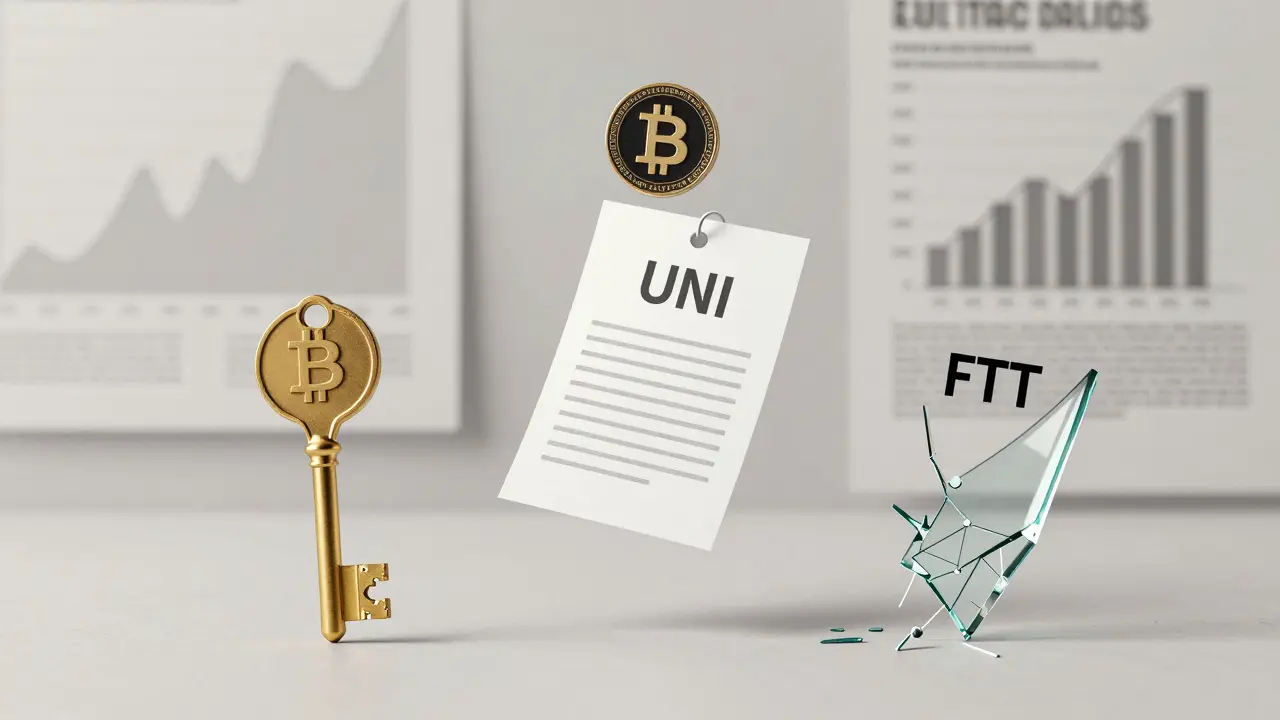 BNB as a golden key, UNI as a voting ballot, FTT as a shattered glass shard on a crypto chart background.