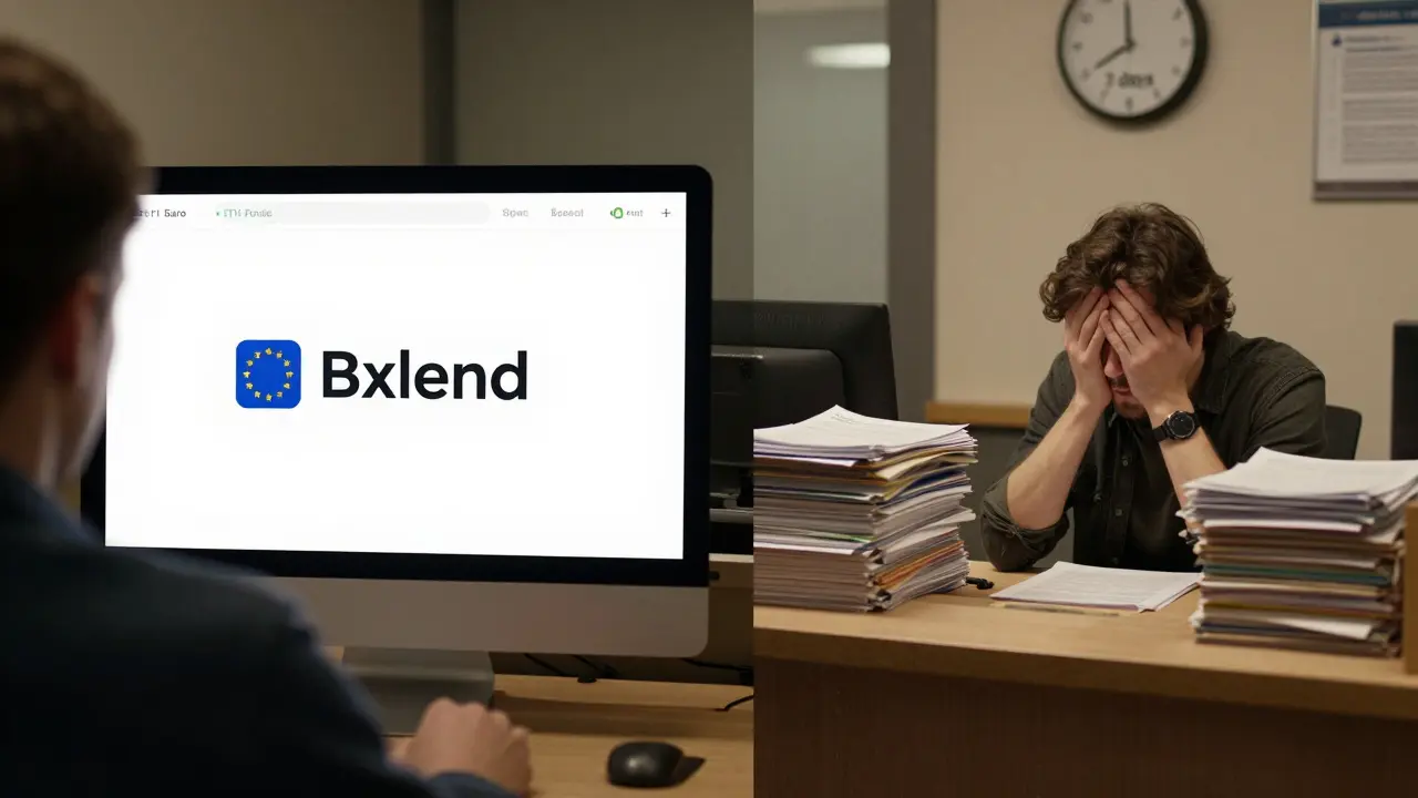 Contrast between seamless crypto-fiat transfer on Bxlend and slow traditional banking process.