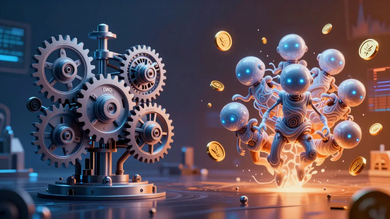 Contrasting passive and active DAOs: rigid machinery vs. evolving AI agents surrounded by tokens.