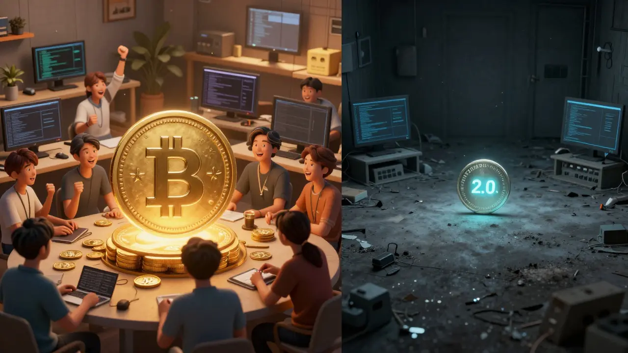 Contrasting scenes: active BONK community on one side, abandoned BONK2.0 on the other.