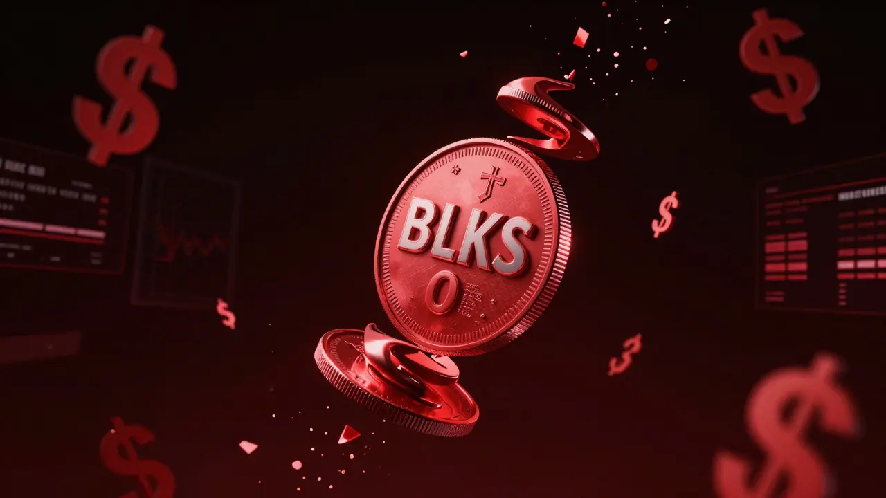 Cryptocurrency token falling into void with digital debris