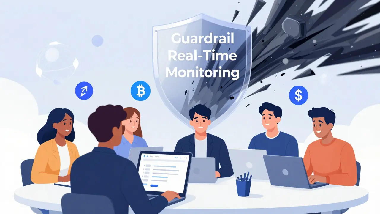 Diverse traders using a secure platform with Guardrail monitoring blocking a cyber attack, surrounded by crypto assets.