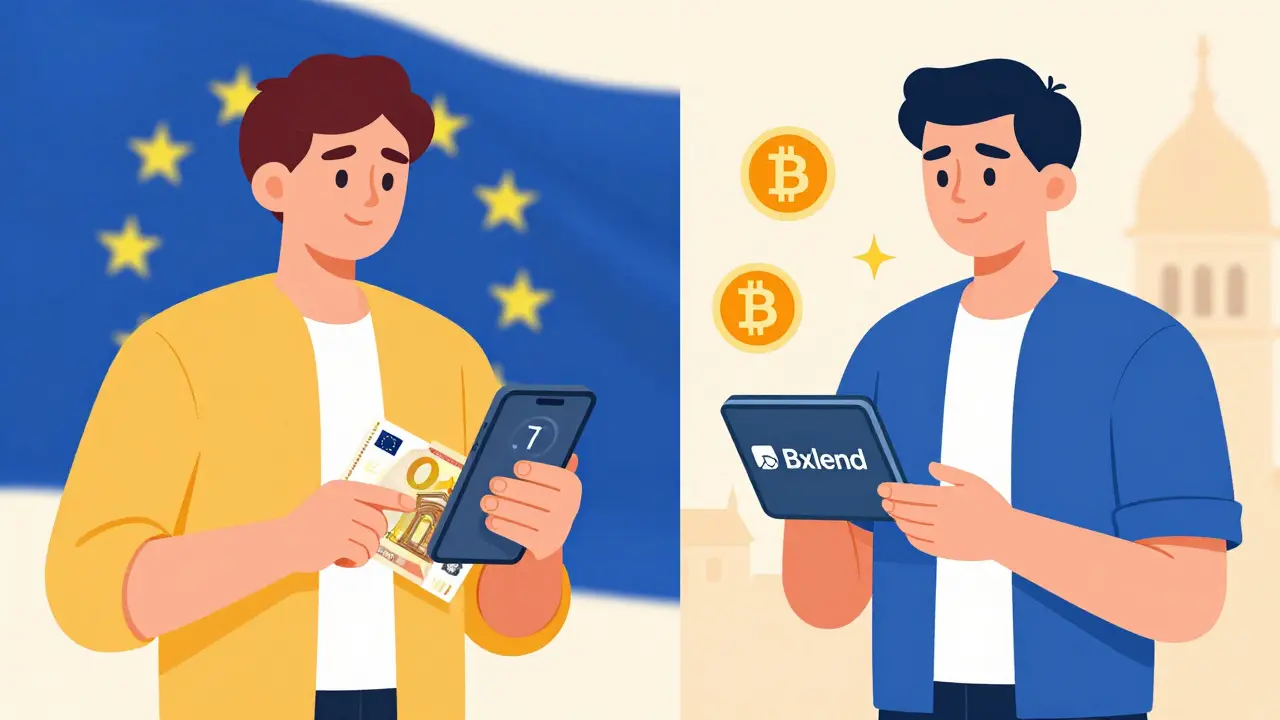 European user receiving crypto instantly after SEPA euro deposit on smartphone.