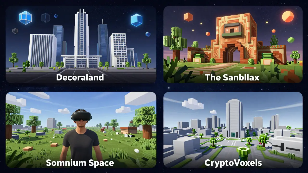 Four metaverse platforms side by side: Decentraland, The Sandbox, Somnium Space, and CryptoVoxels in their unique visual styles.