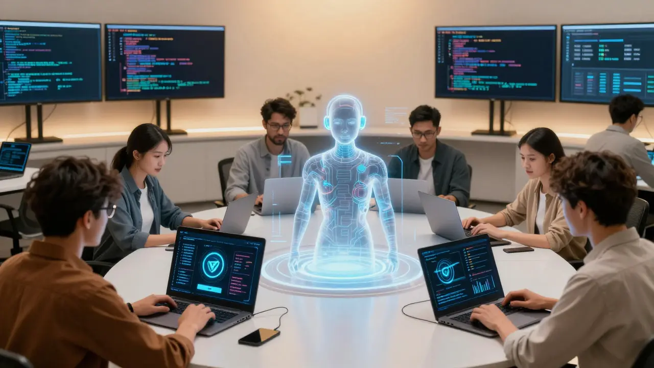 People staking VADER and building AI agents in a digital hub with a floating AI avatar generating profits.