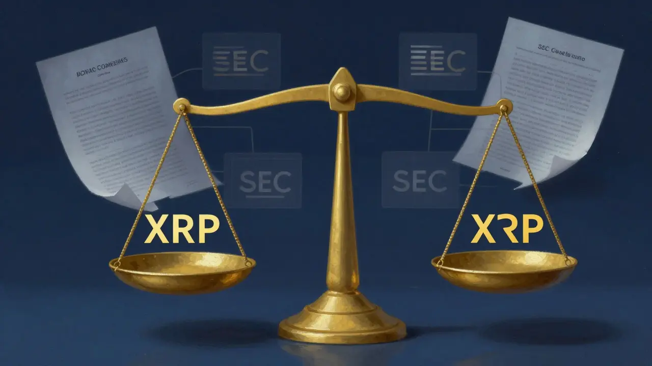 Regulatory scale balancing XRP against other digital assets with Ripple ruling as pivot.
