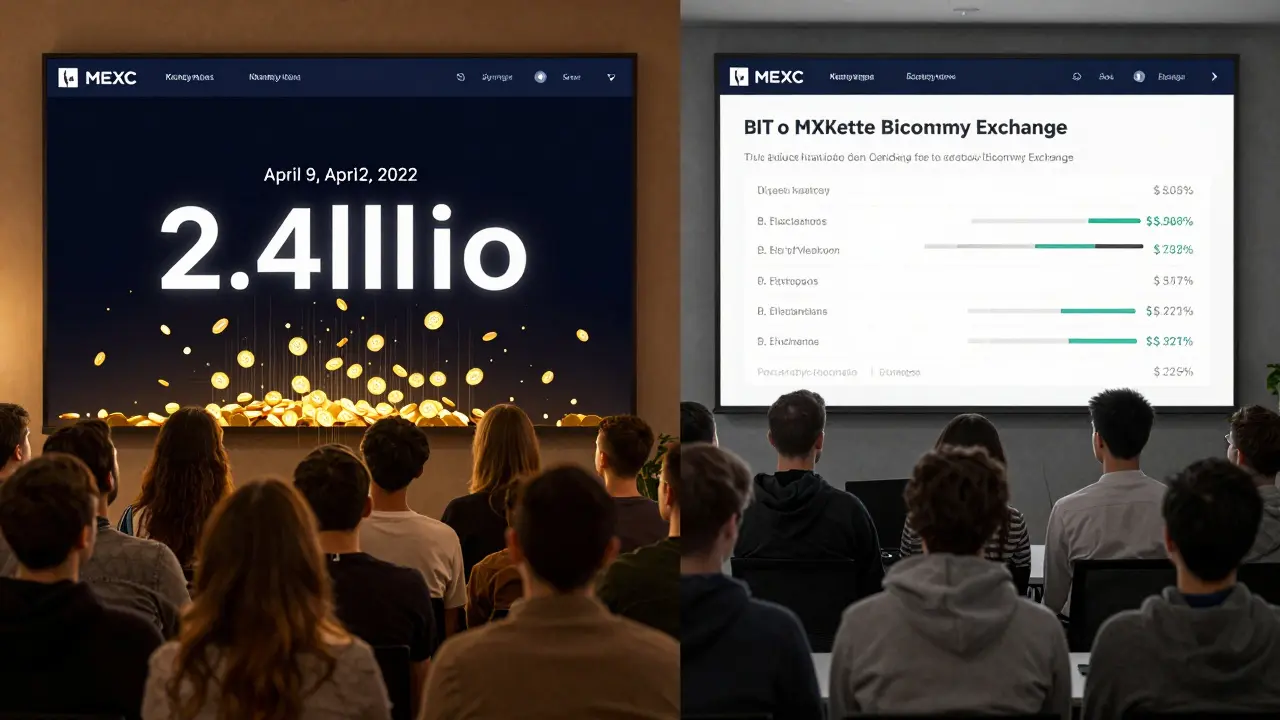 Split scene: users staking MX tokens during the 2022 airdrop on left, using BIT to lower fees today on right.