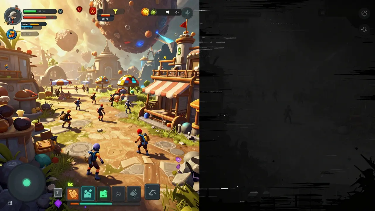 Split scene: vibrant playable space game on one side, frozen and broken version on the other, symbolizing unrealized potential.