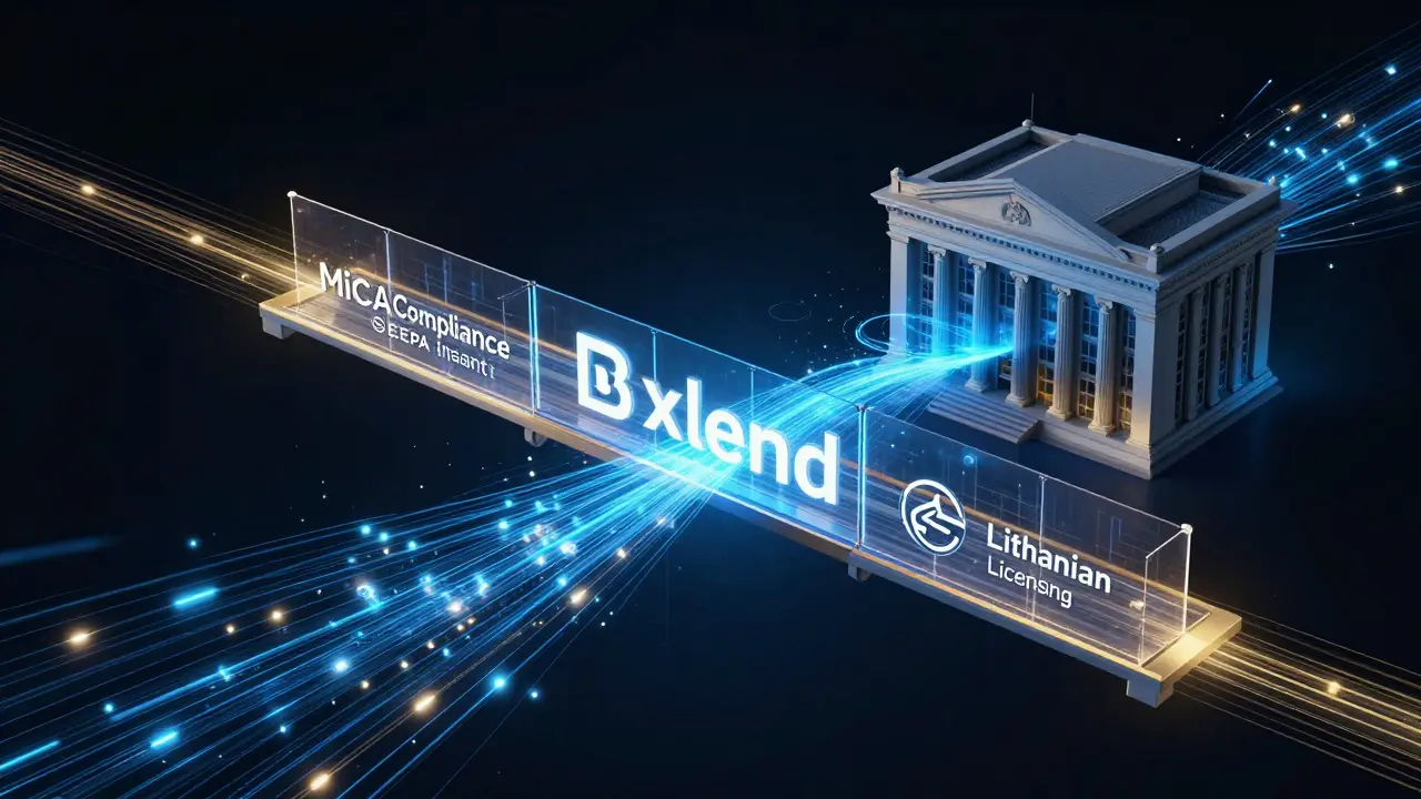 Symbolic bridge connecting European banking to blockchain with regulatory labels.