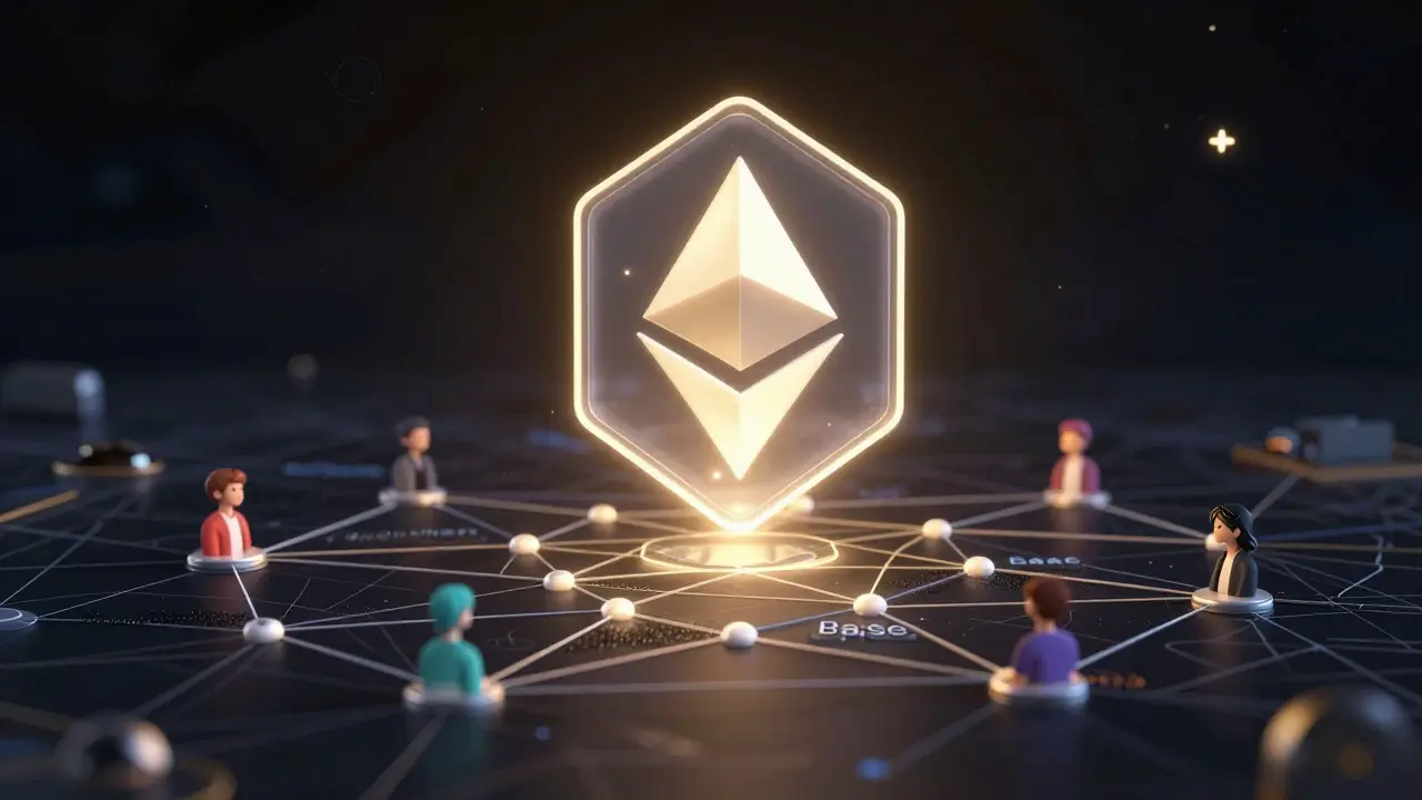 Transparent hexagon token floating above interconnected blockchain networks