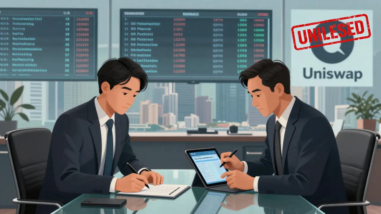 Two executives signing dual approval documents for crypto wallet whitelisting in a high-rise office.