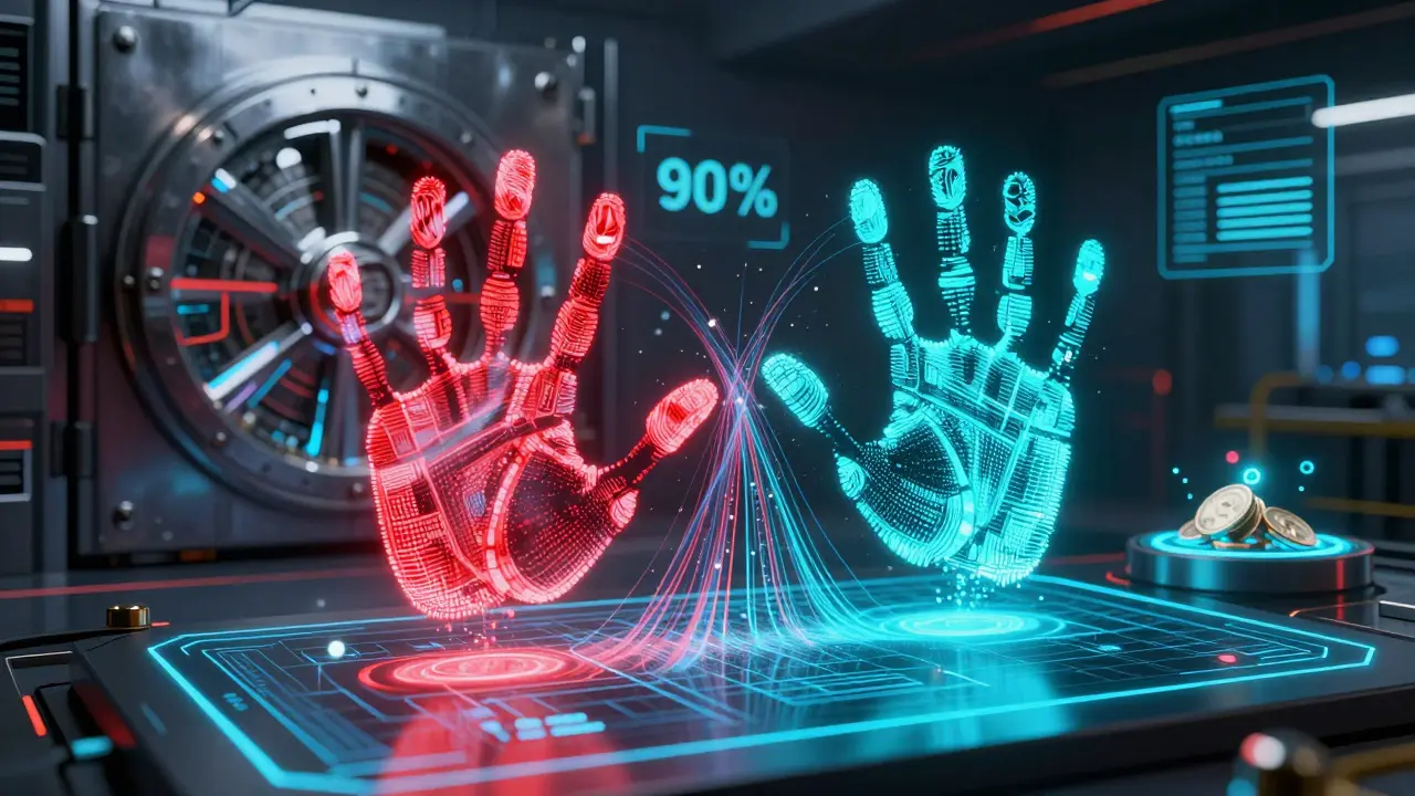 Two glowing digital handprints validating a trade over a blockchain ledger, with cold storage vault in background.