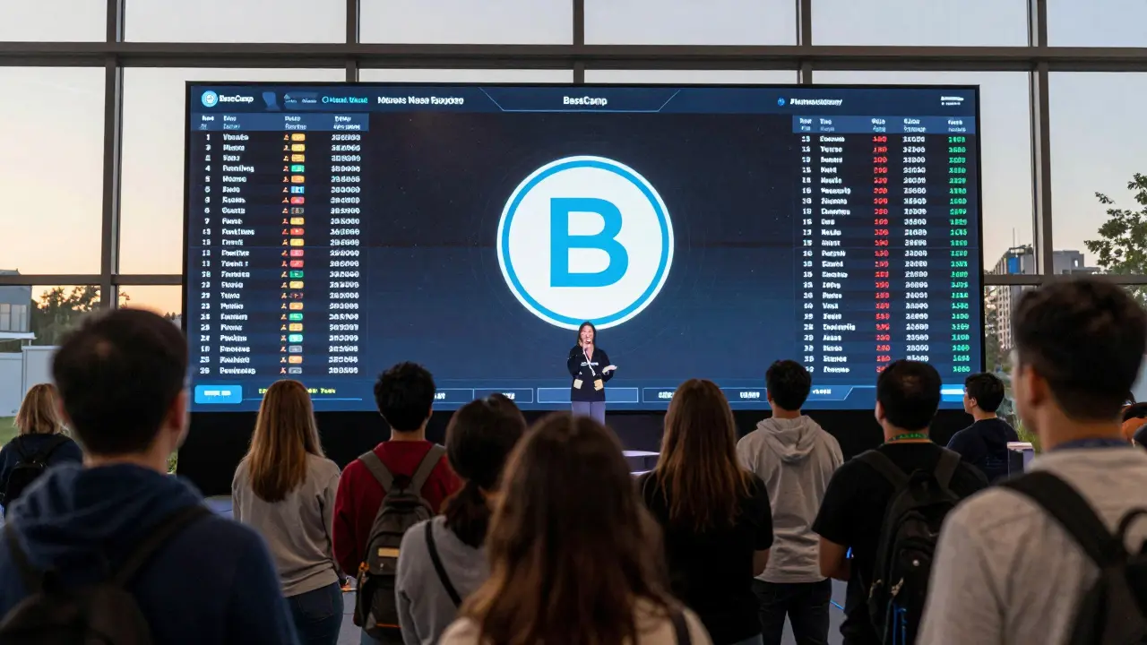 Users watching a holographic Base token unveiling at BaseCamp event