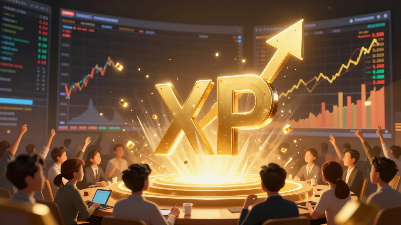 XRP price chart soaring on trading floor with ETF symbol and investors celebrating.