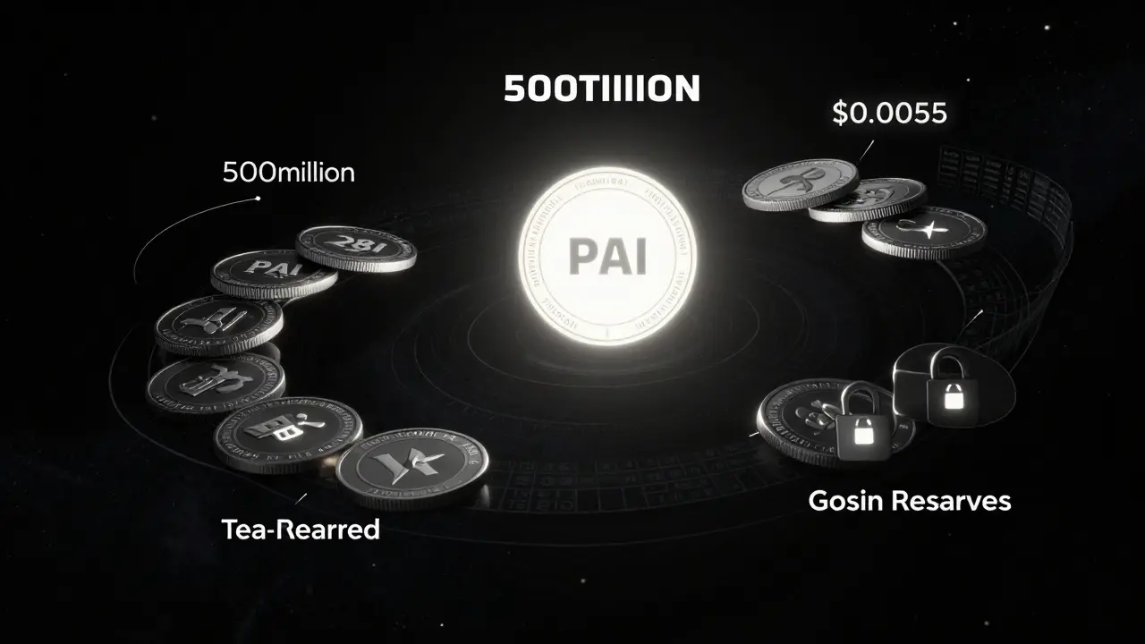 500 million PAI tokens in space, with circulating and locked supplies visually distinguished by light intensity.