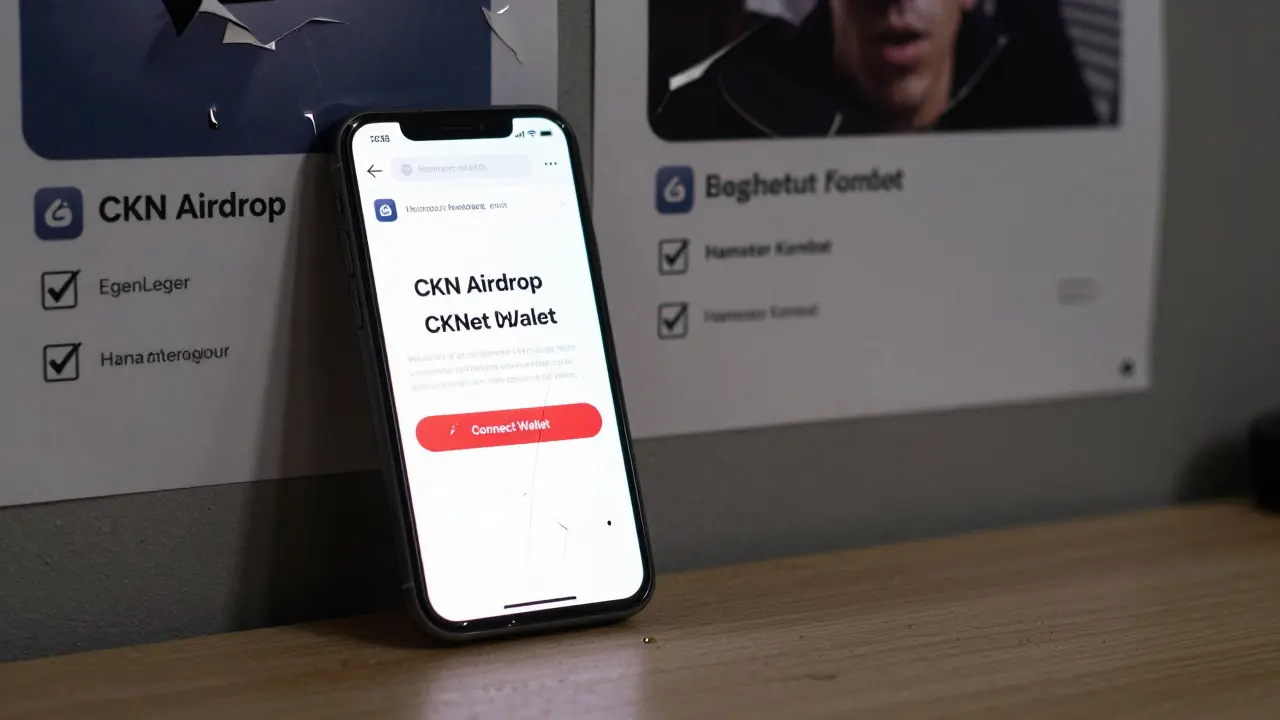 A cracked phone screen showing a fraudulent CKN airdrop site with glowing red connect button.