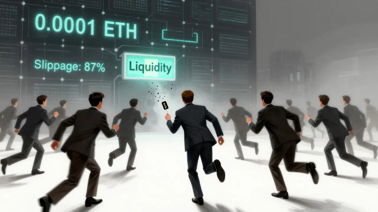 A crowd of investors fleeing as one person is left holding a dissolving token, with a 'Slippage: 87%' warning.