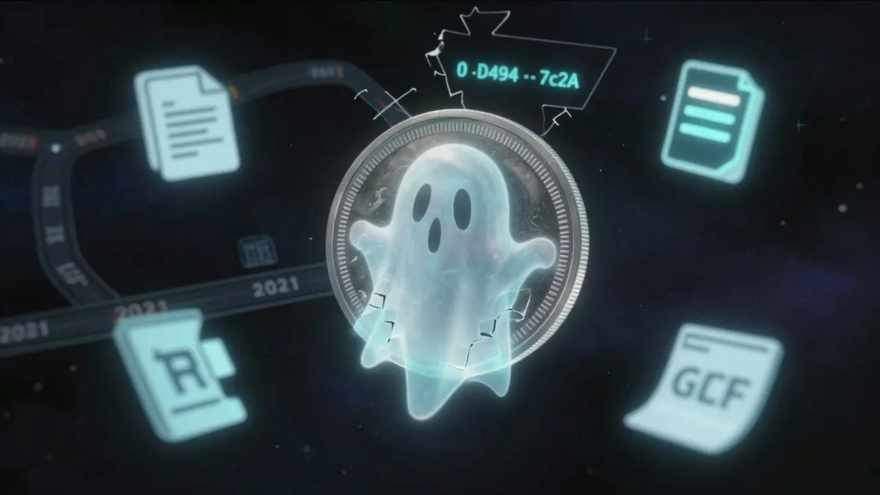 A fading LUXY token drifting in space surrounded by crumbling digital file icons.