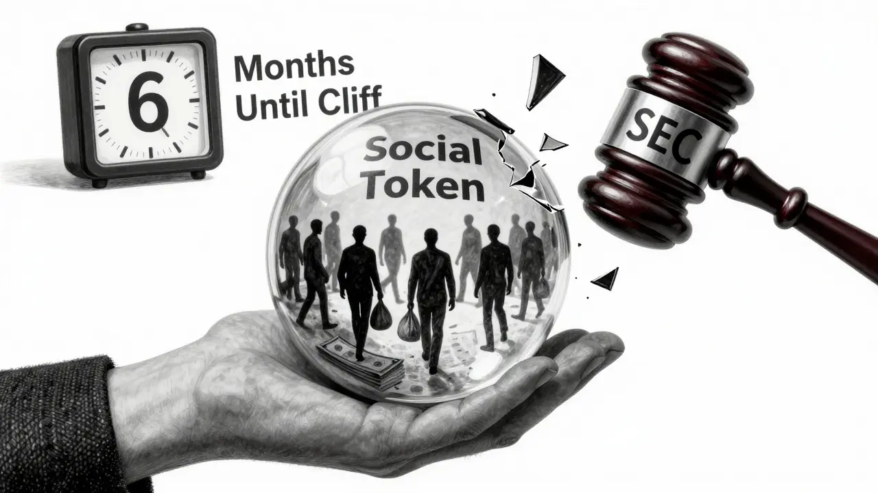 A fragile glass orb labeled 'Social Token' held by a hand, with shadowy insiders inside and a SEC gavel about to break it.