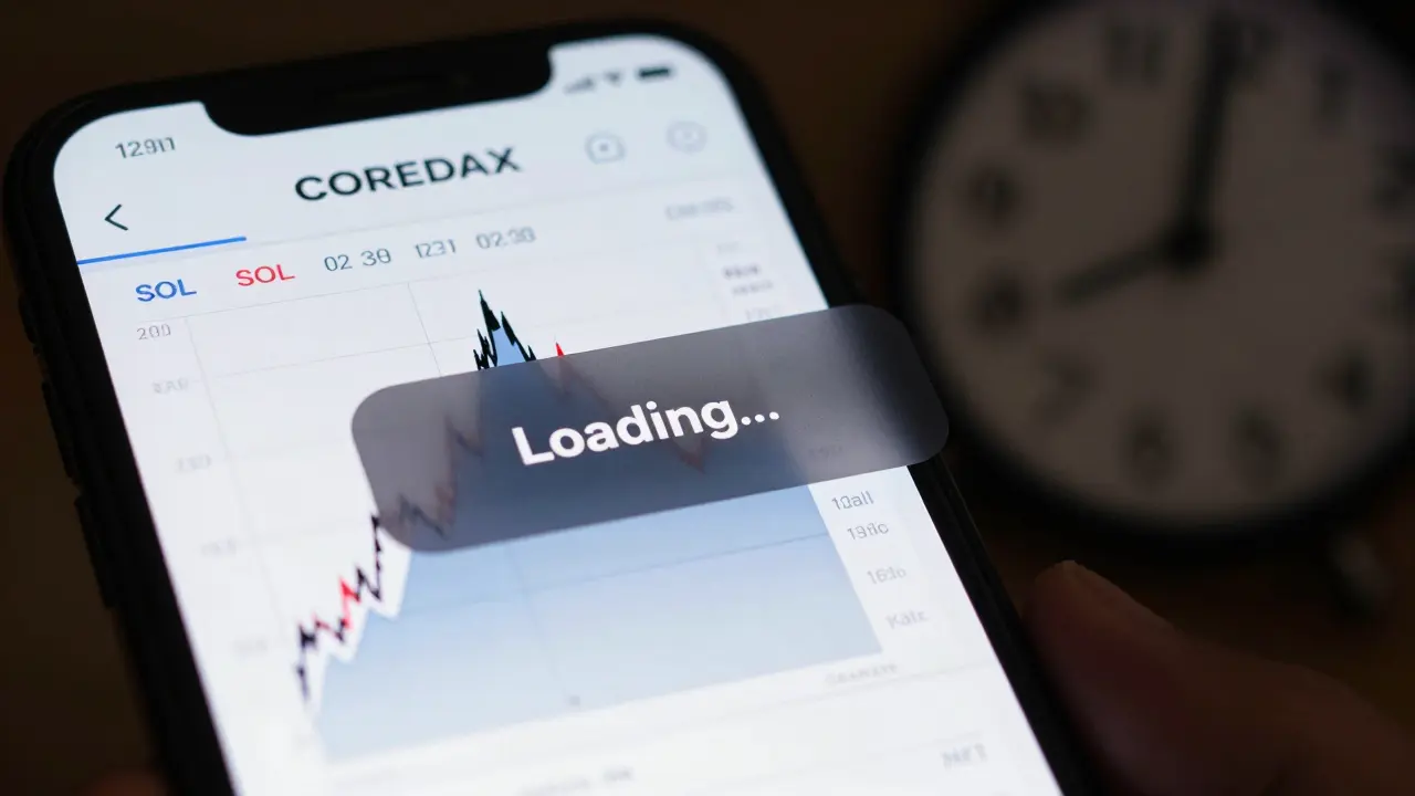A frozen COREDAX mobile app during a market surge, with a SOL price chart spiking and a 'Loading...' overlay blocking access.