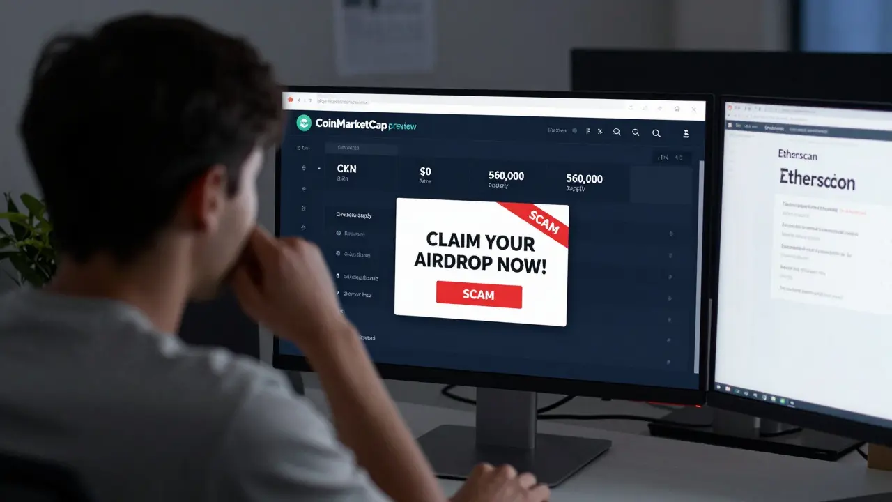 A person stares at a computer screen showing CKN with <h2>Why This Token Still Exists</h2> price and a phishing pop-up claiming an airdrop, while Etherscan shows no activity.