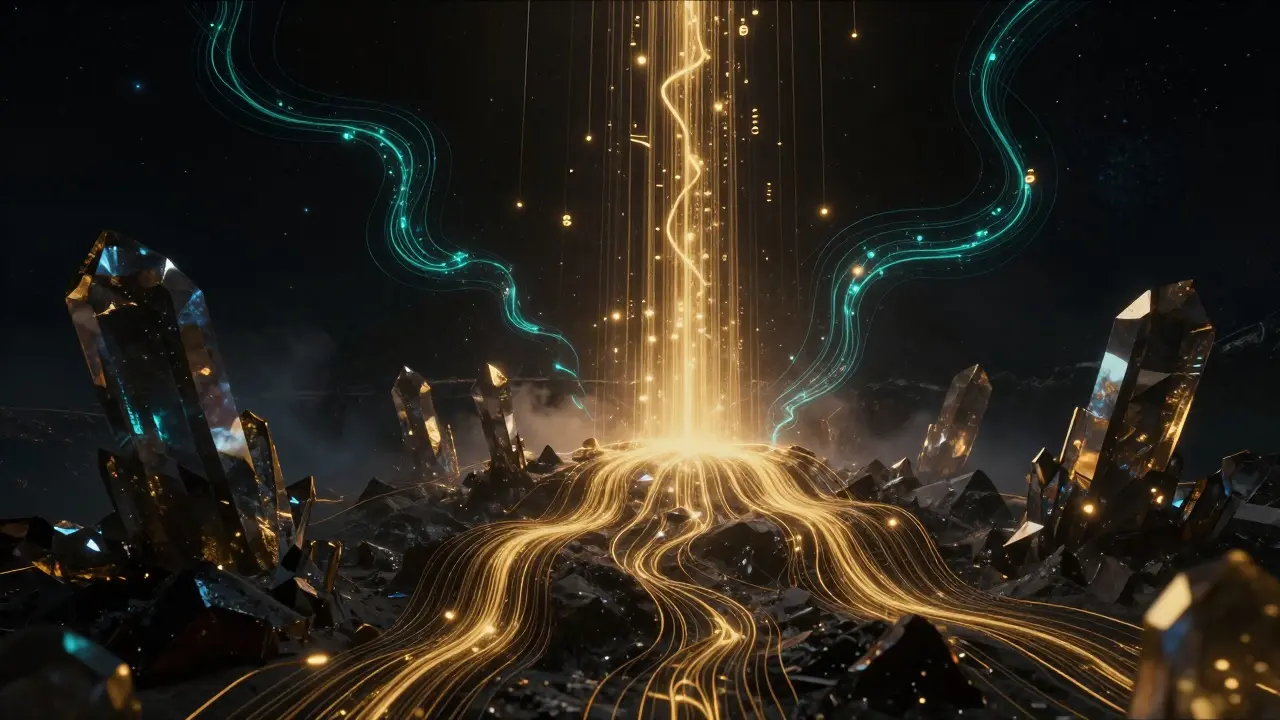 Abstract golden energy streams flowing through crystalline structures representing DeFi liquidity pools