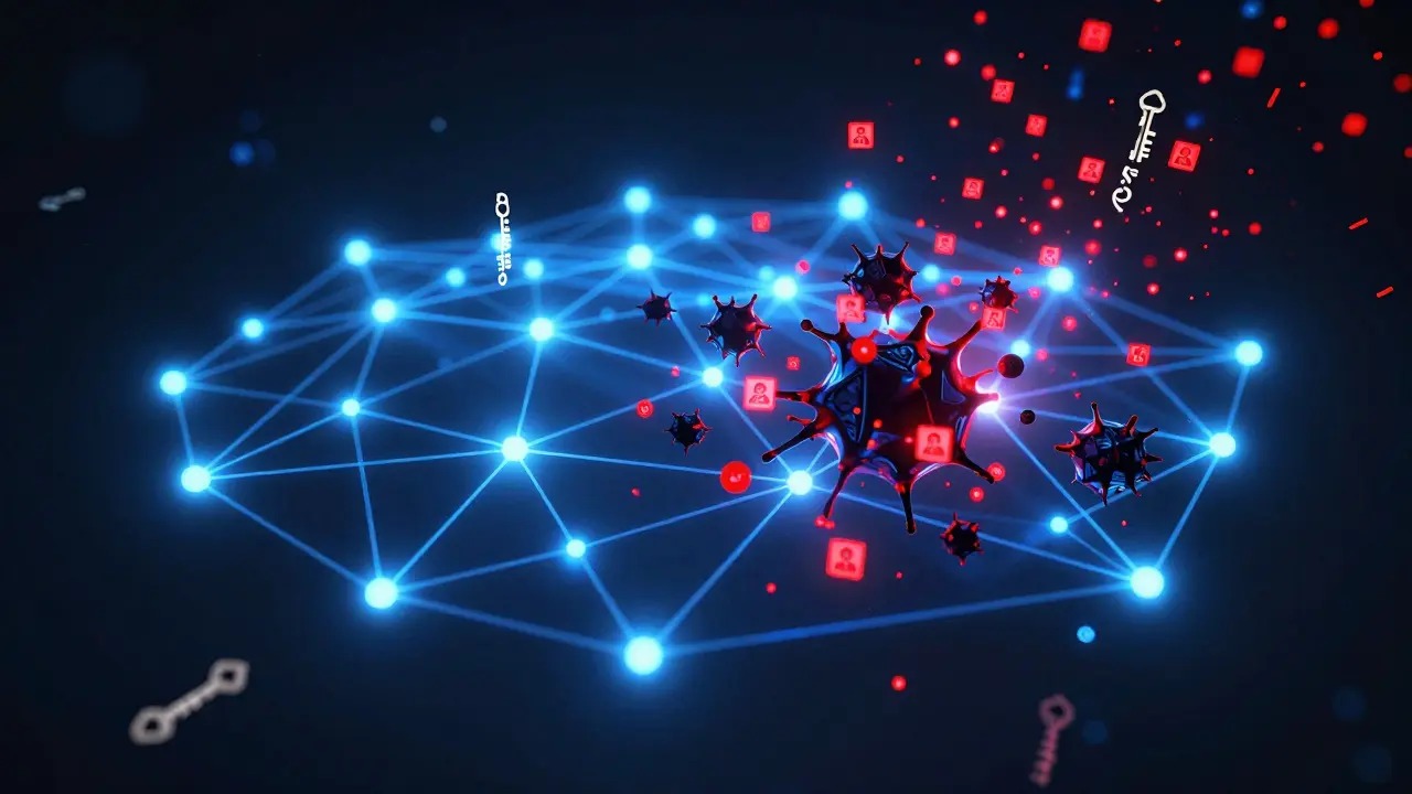 Abstract network grid with rogue nodes attempting to seize control.