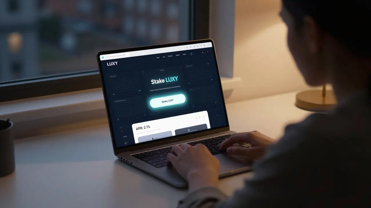 An artist staring at a laptop showing the LUXY staking interface with low APR notification.
