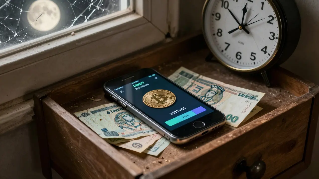 An old smartphone hidden in a drawer showing a crypto wallet with USDT balance.
