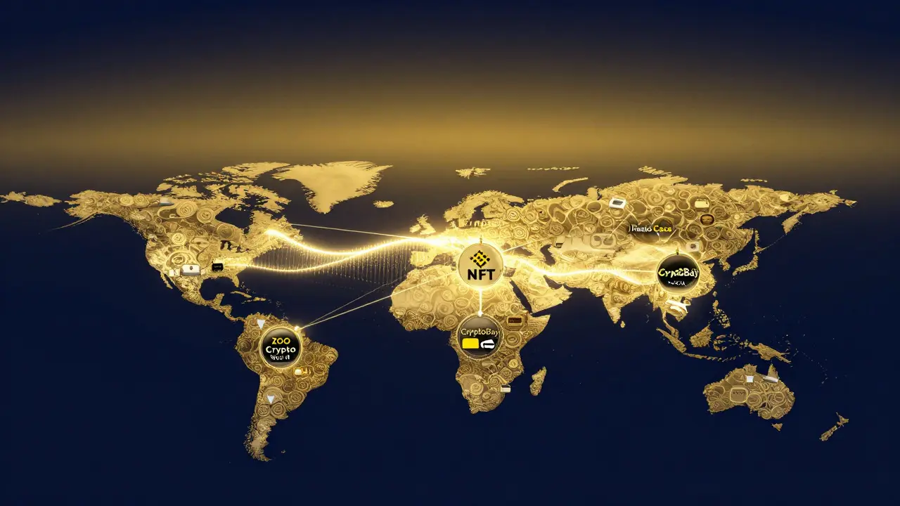 Blockchain network map with RACA tokens radiating from a Metamon NFT, connecting three GameFi project nodes.
