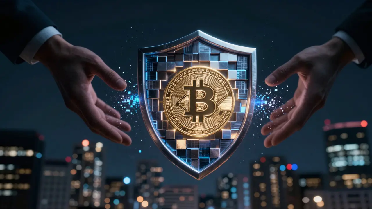 Cinematic image of digital security shield protecting cryptocurrency token.