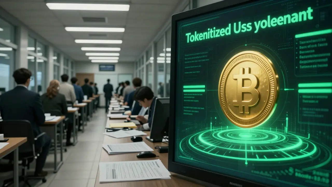 Contrast between traditional bank queues and instant blockchain bond settlement.