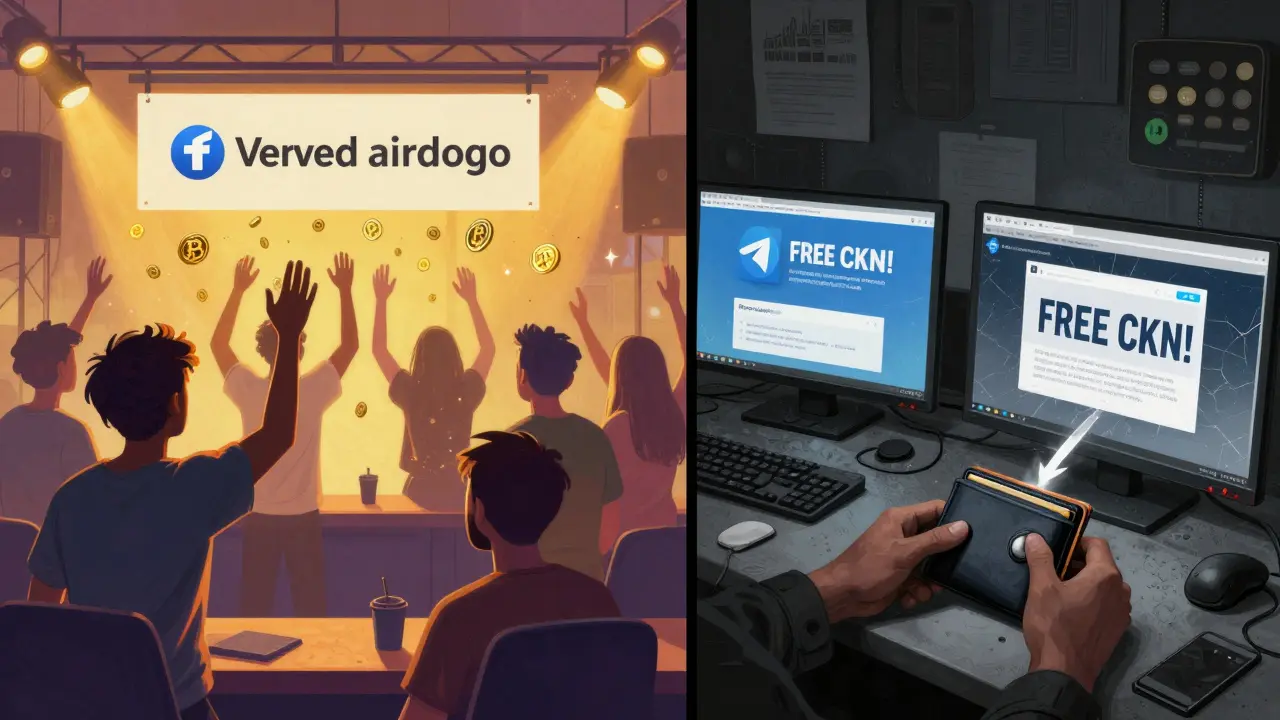 Contrasting scenes: a lively verified airdrop on one side, a scammy CKN website on the other.