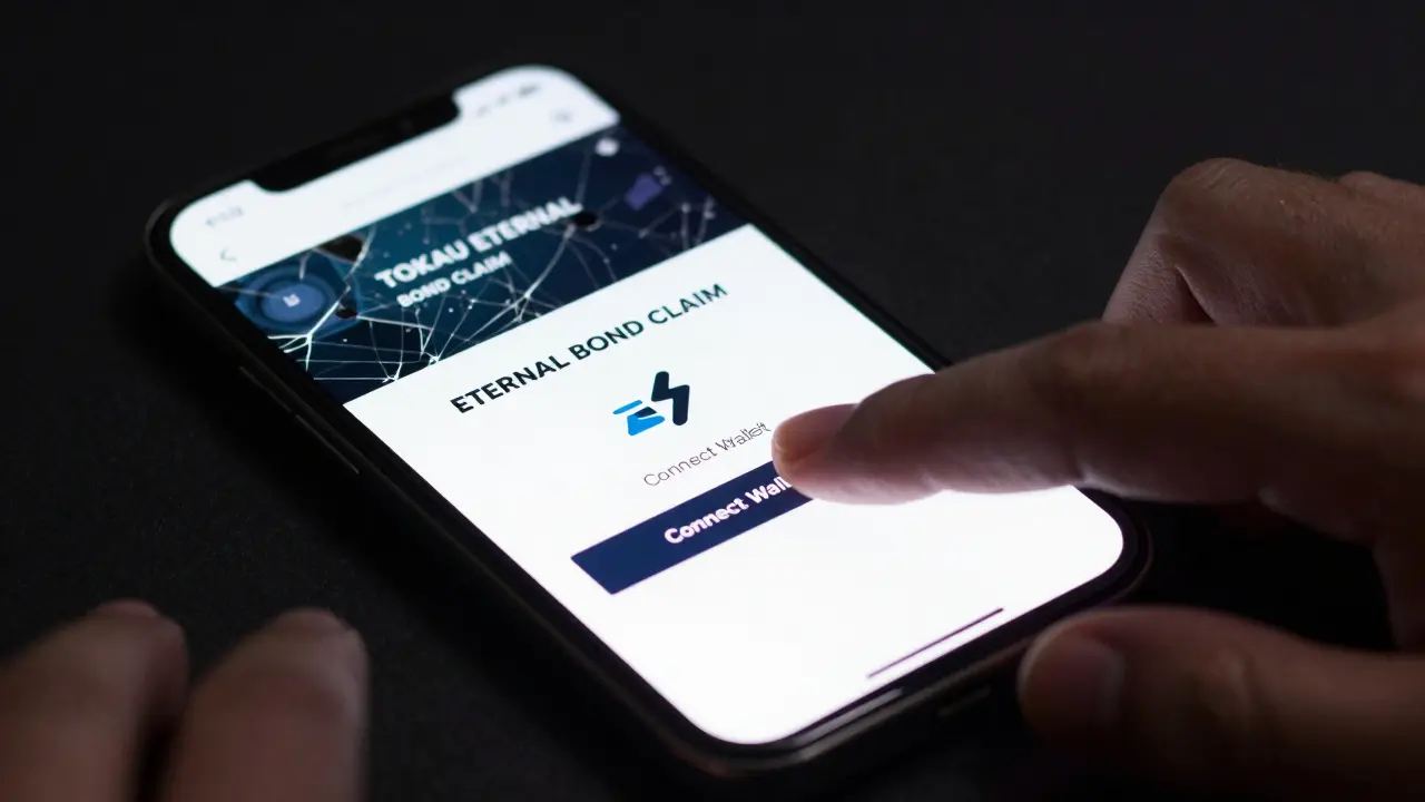 Cracked phone showing a fake crypto airdrop page as shadowy hands reach to steal it.