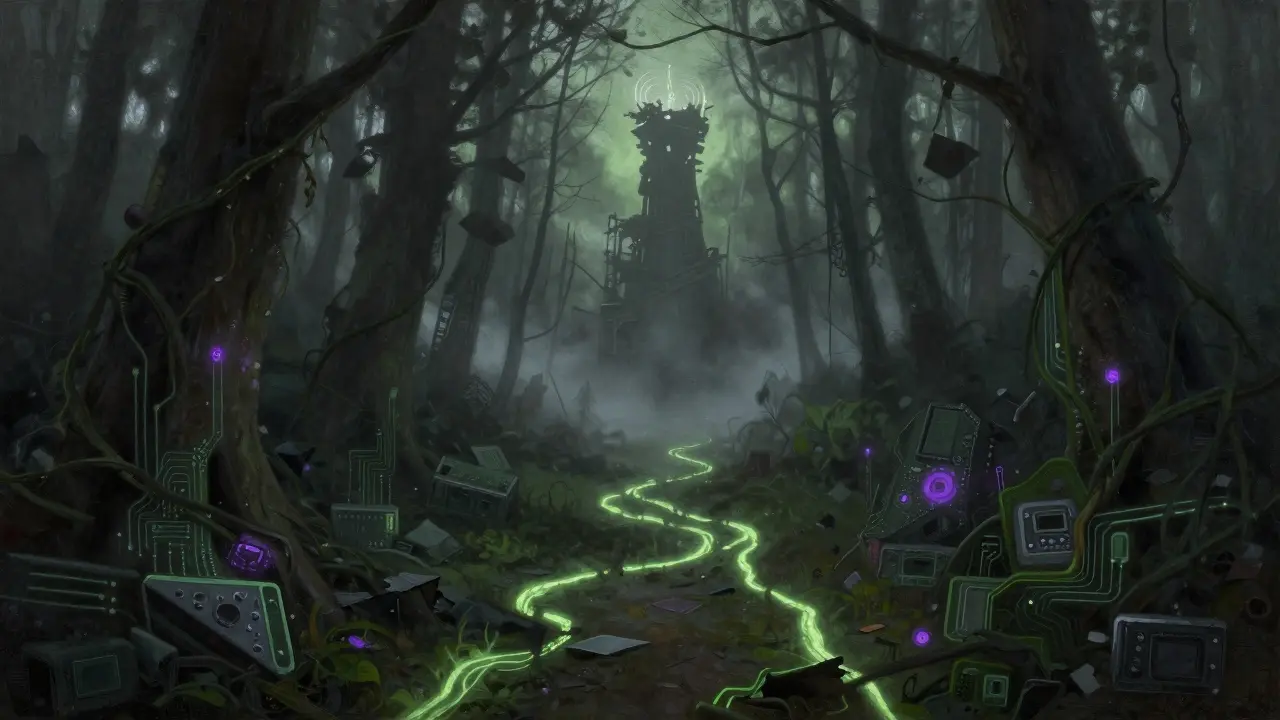 Dark digital forest with crumbling tower and circuitry vines.