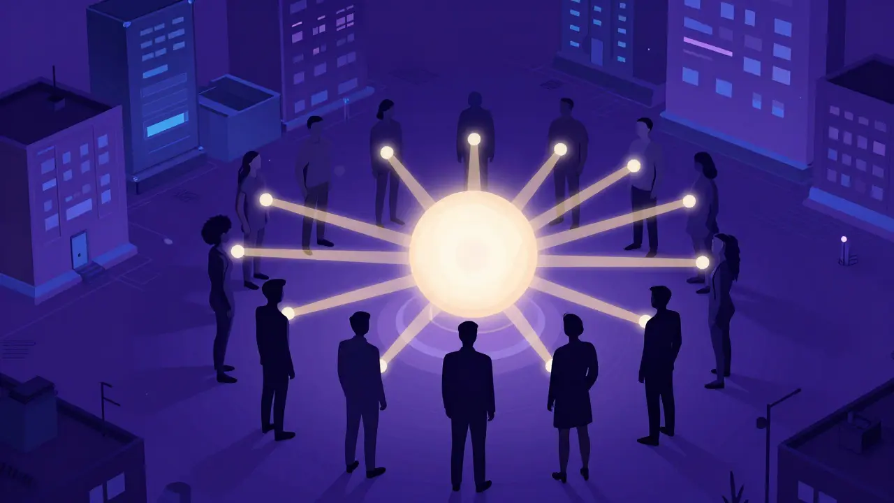 Diverse silhouettes connected by light beams around central orb