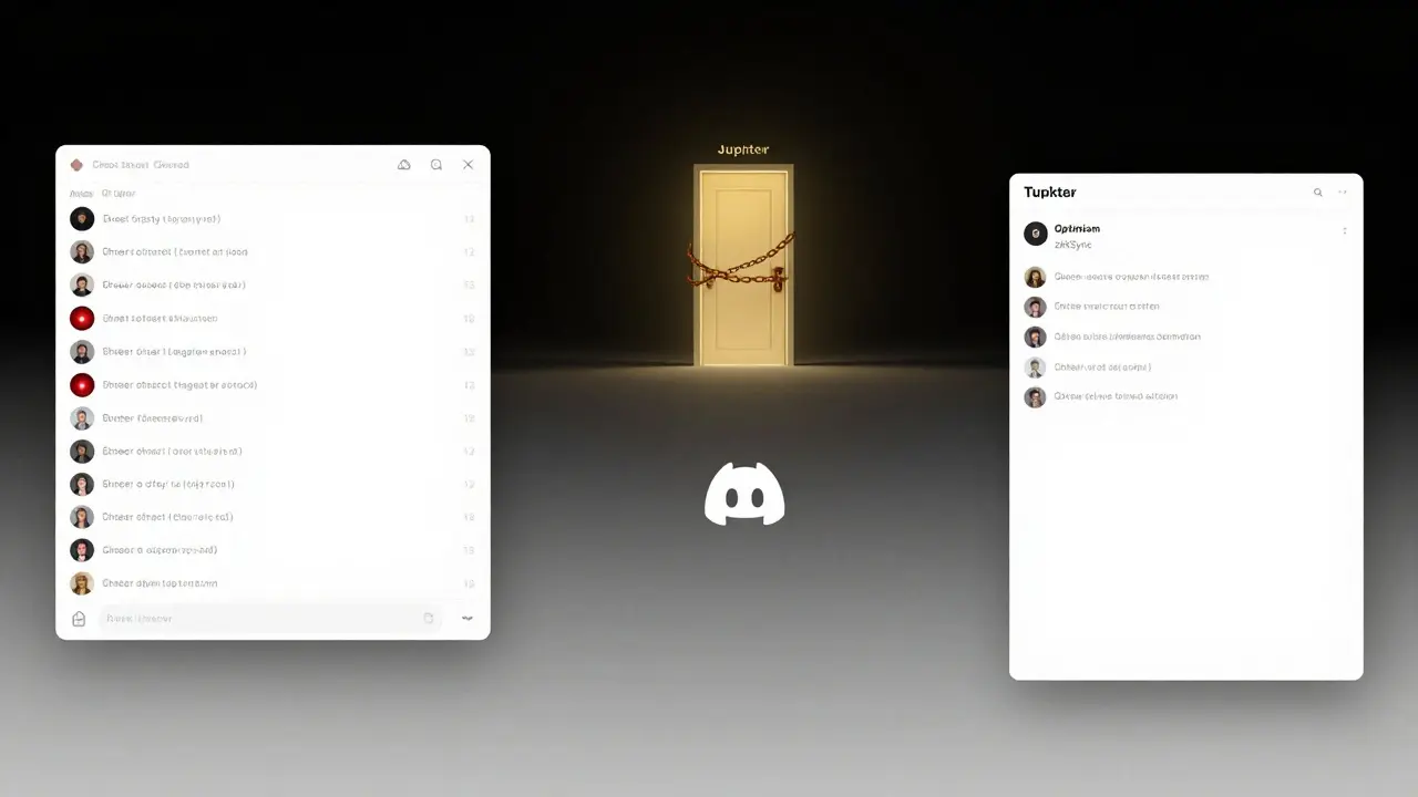 Empty Discord server with a lone unclaimed token icon, while legitimate project doors glow in distance.