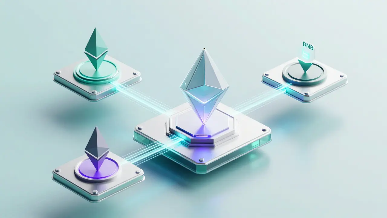 Floating platforms connected by glowing bridges symbolizing cross-chain cryptocurrency networks