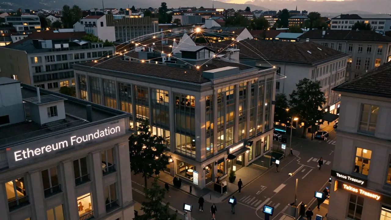 Geneva innovation district with Ethereum and Tezos offices under golden hour lighting.